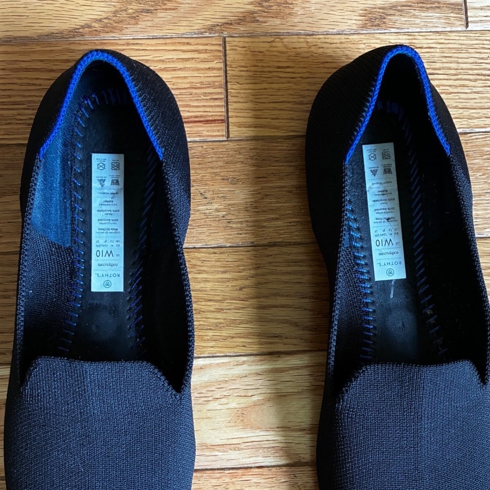 Rothys The Loafer Black Solid Knit Flats Womens Size 10 Round Toe Blue Halo Trim - Picture 4 of 7